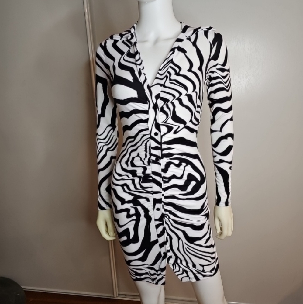 Zebra Print Dress Short Long Sleeve V Neck Size S or XS